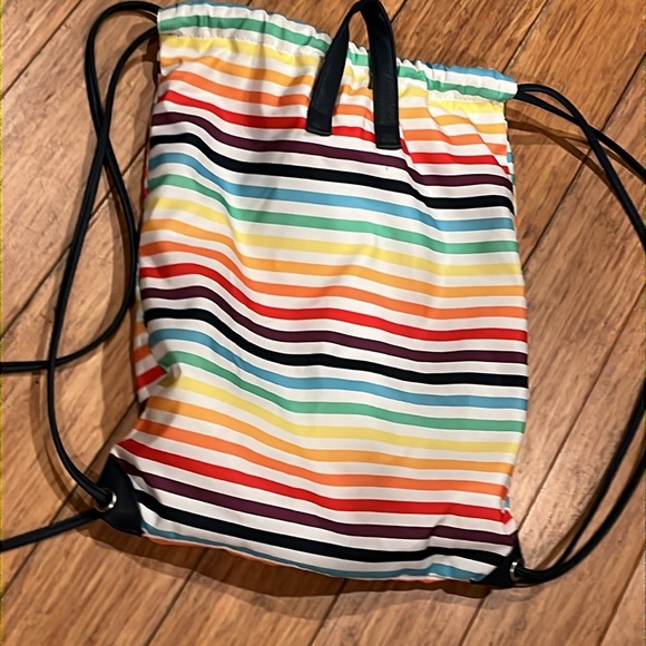 RAINBOW striped BAG drawstring backpack 12”x 15” blue lining polyester new light - Picture 3 of 9